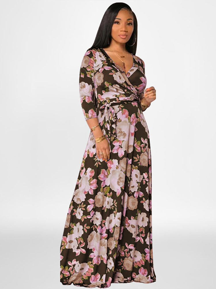 Plus Size Long Sleeves Floral Print Maxi Dress