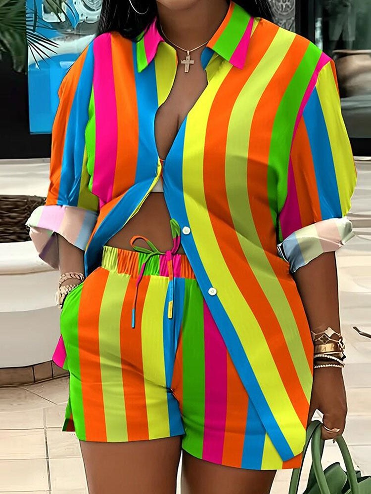 Colorful Printed Long Sleeve Shirt and Shorts Set