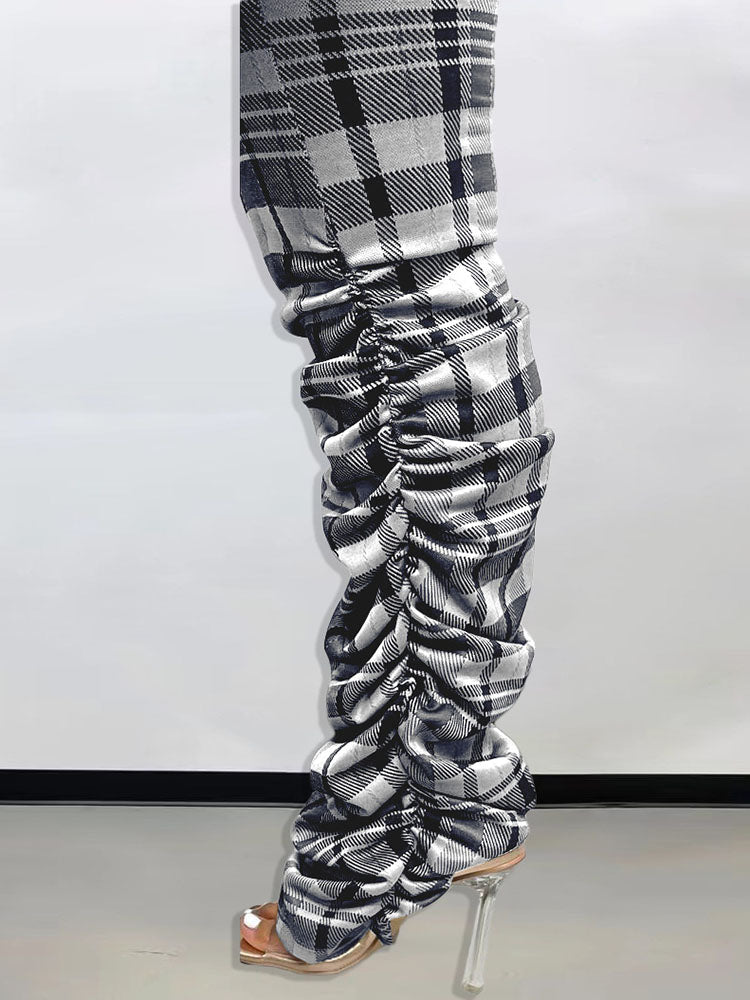 Long Sleeves Plaid Print Zipper Jumpsuit