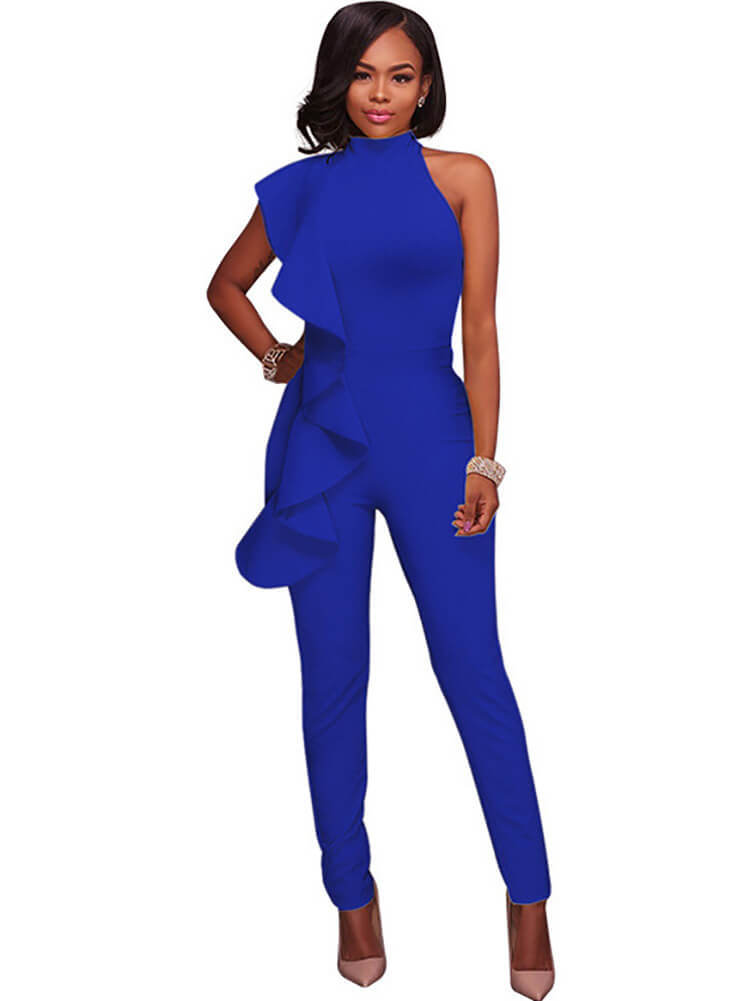 One Shoulder Sleeveless Ruffle Jumpsuit