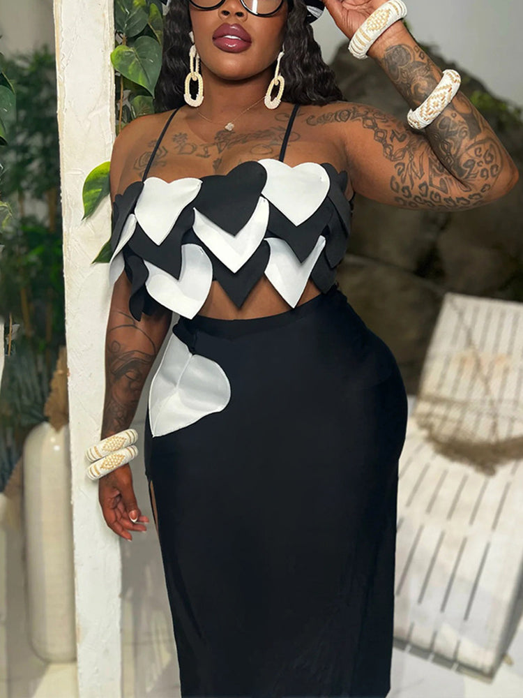 Heart Design Cami Top High Slit Skirt Set