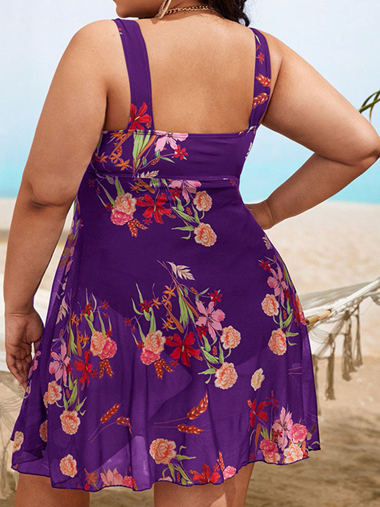 Plus Size Floral Print Mesh Bikini Romper
