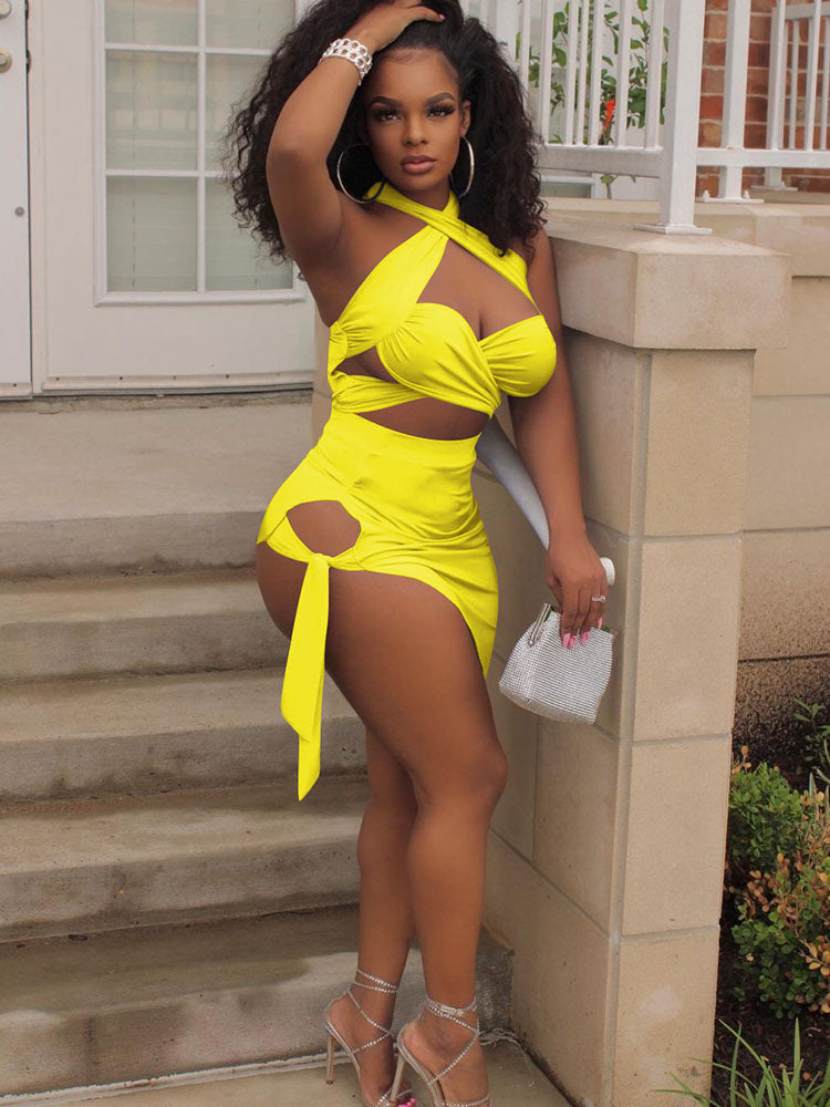 Two Piece Crisscross Crop Top Mini Skirts