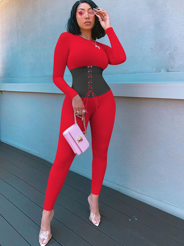 Long Sleeves Color Block Tie Up Jumpsuit