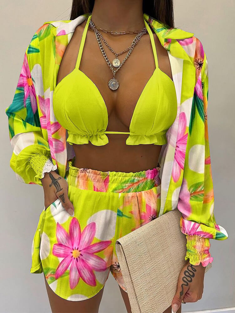 Three Piece Long Sleeve Ruffle Short Set