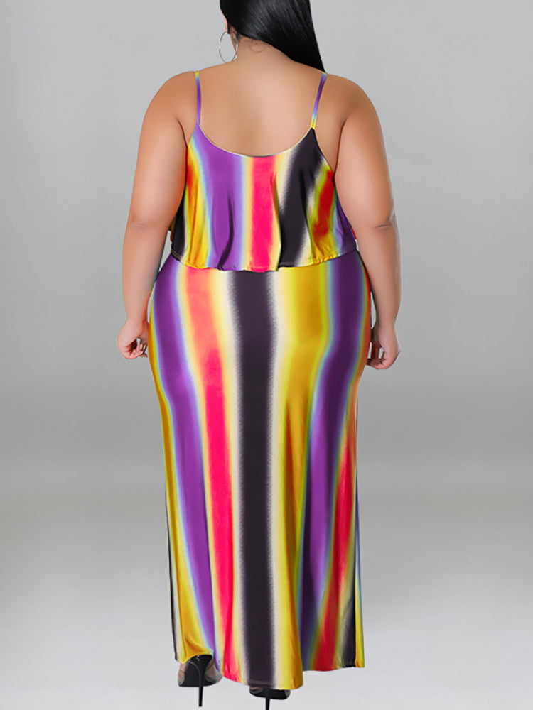 Plus Size Ruffle Strap Rainbow Stripe Print Dress