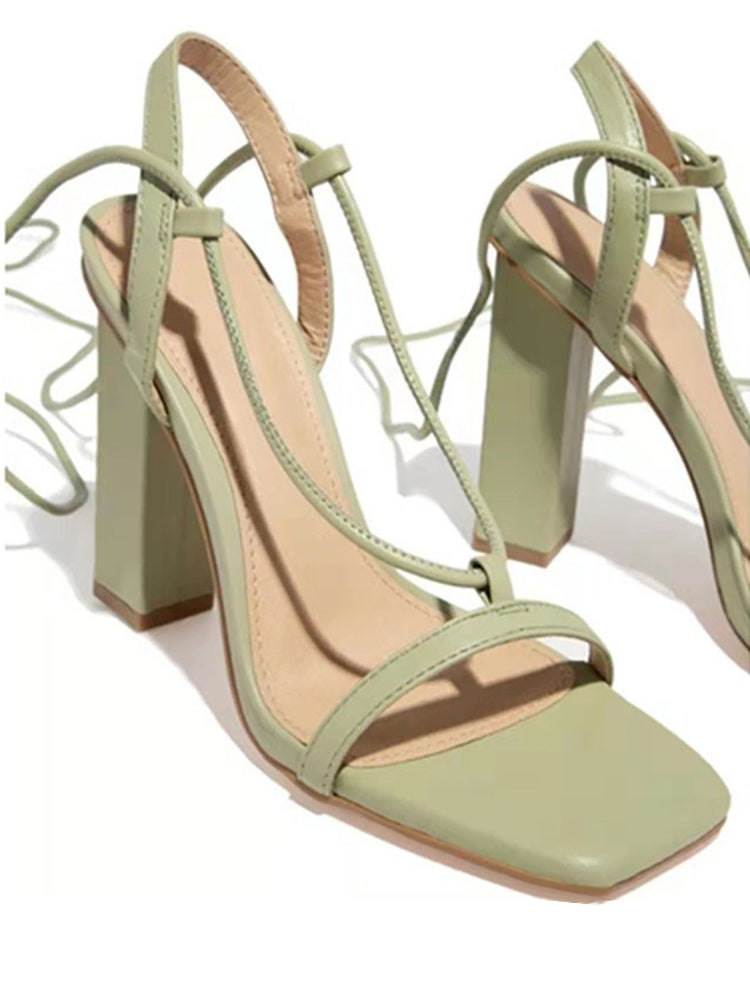 Solid Color Lace-Up Heeled Sandals