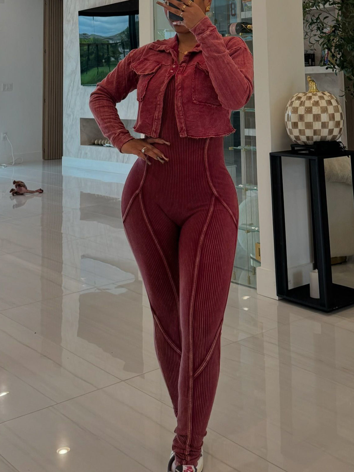 Two Pieces Crop Jacket Jumpsuit Set