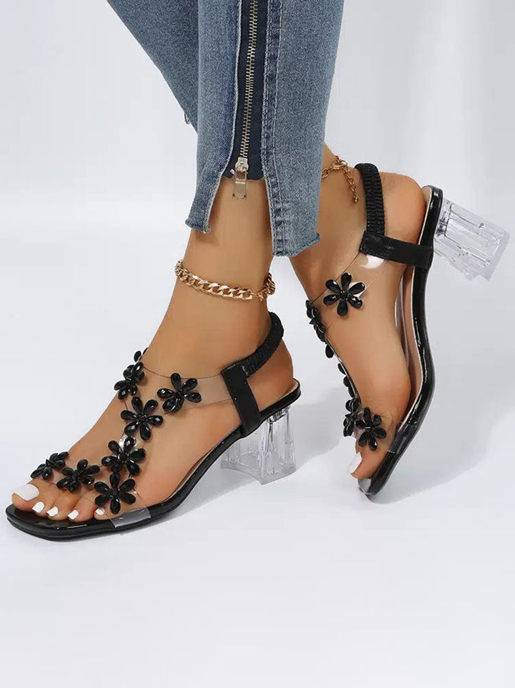 Rhinestone Patchwork Chunky Open Toe Heel