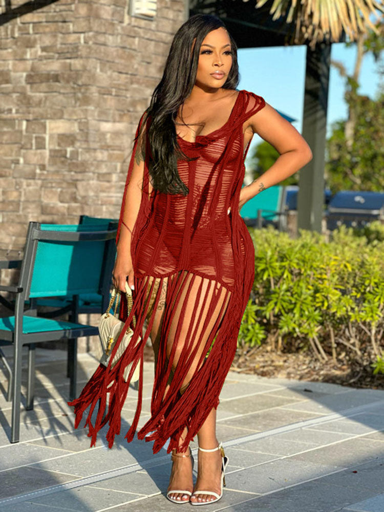 Tassel Hollow Out Fringed Beach Maxi Dress