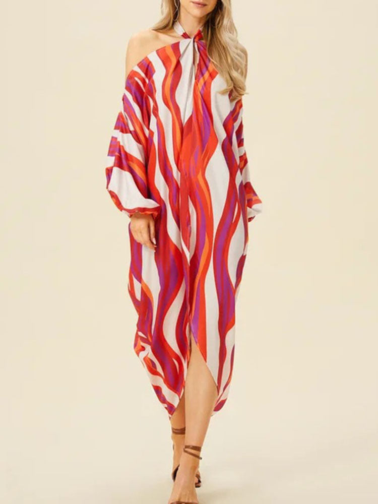 Colorful Striped Sexy Halter Neck Tie Maxi Dress