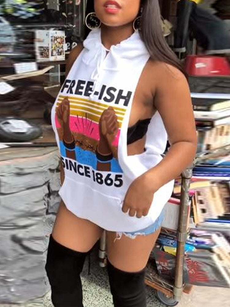 Sleeveless Letter Printed Bodycon  Hooded Top