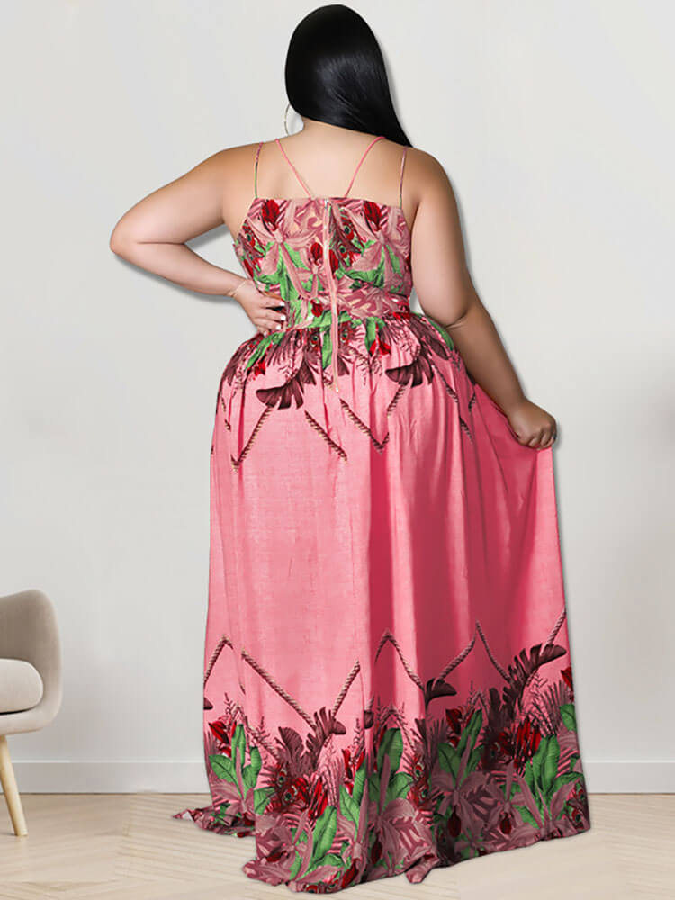 V Neck Floral Print Maxi Dress