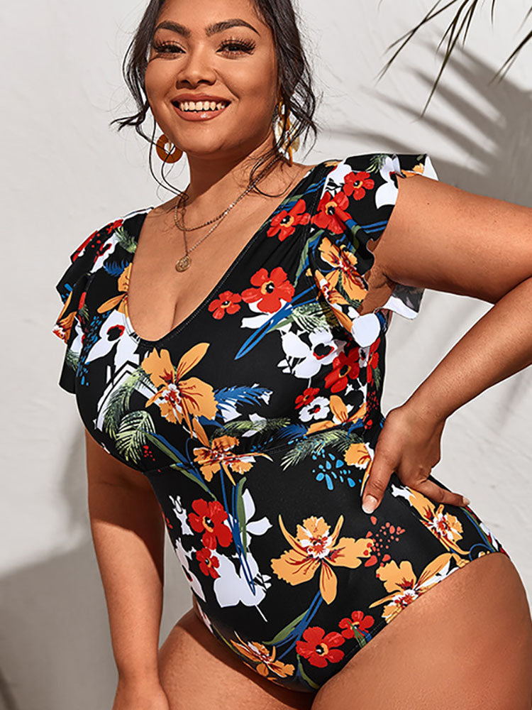 Plus Size Sleeveless Ruffle Floral Print Swimsuit