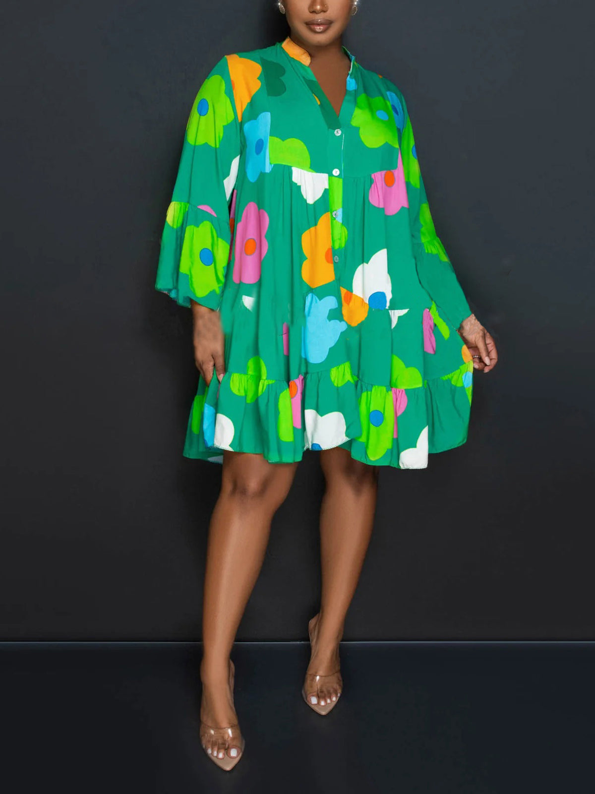 Long Sleeve Floral Print Shirt Dress