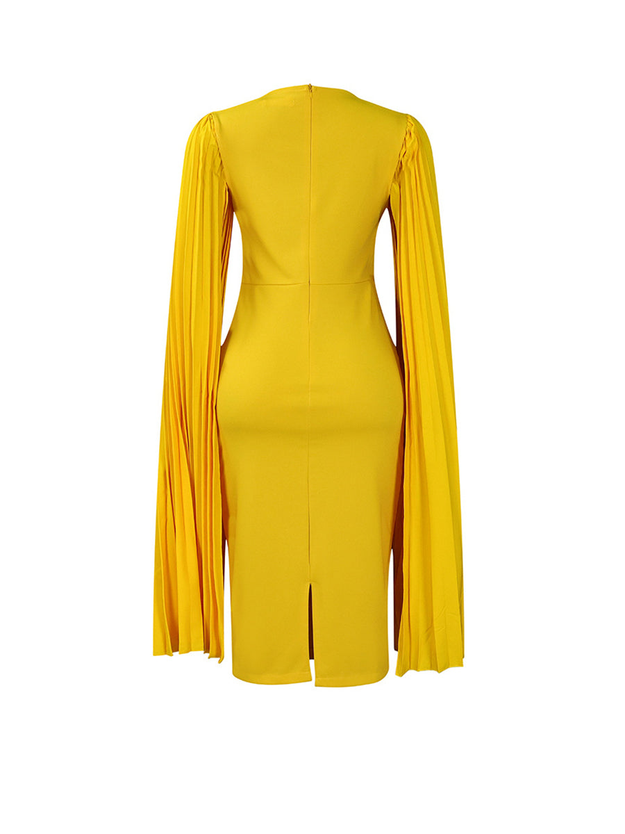 Pleated Cape Sleeve Midi Dress