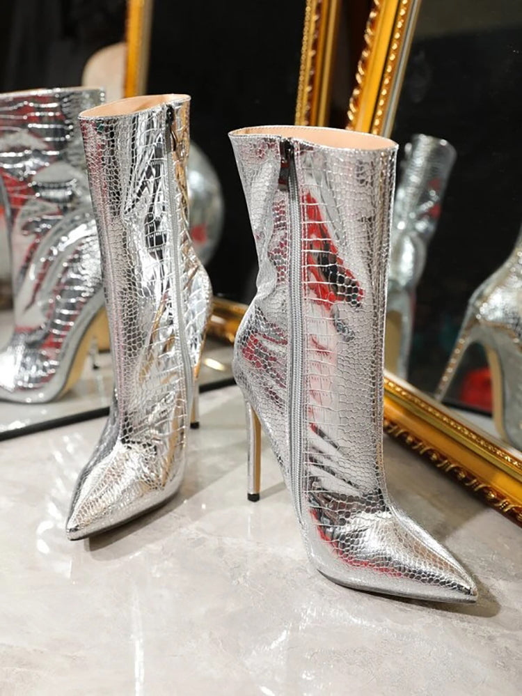 Metallic Pointed Toe Stiletto Ankle Boots