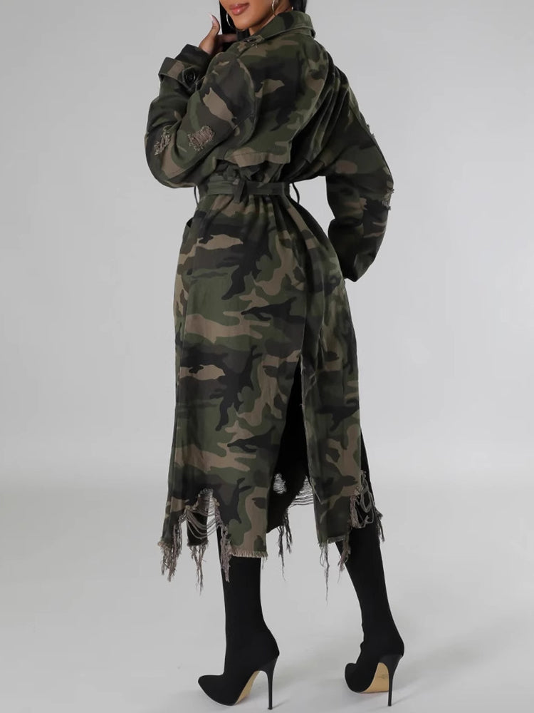 Distressed Camouflage Trench Coat