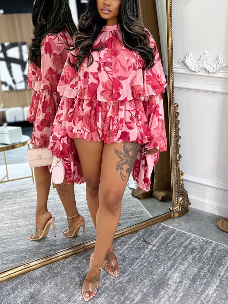 Floral Ruffle Sleeve Top Shorts Set