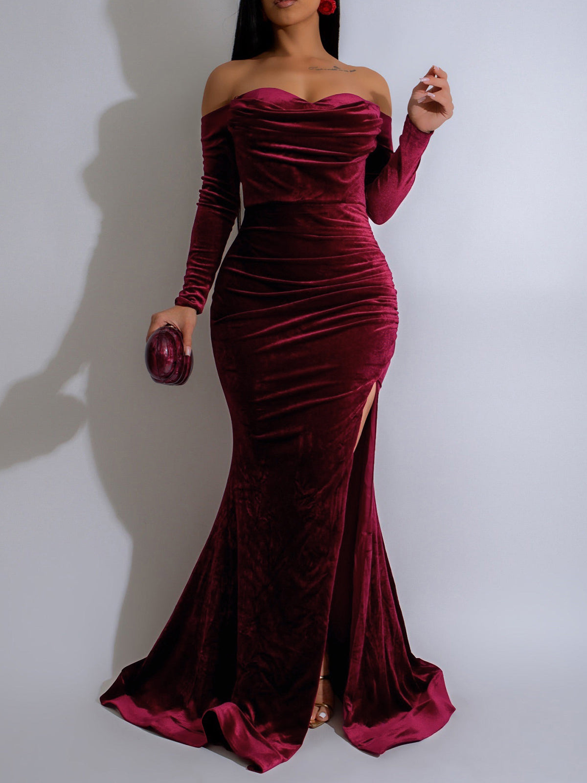 Off Shoulder Velvet Split Maxi Dress