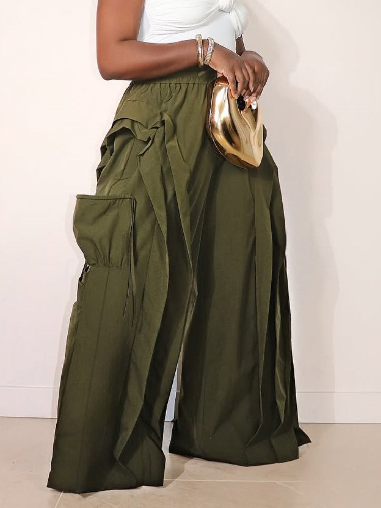 Ruffle Trim Drawstring Wide Leg Pants