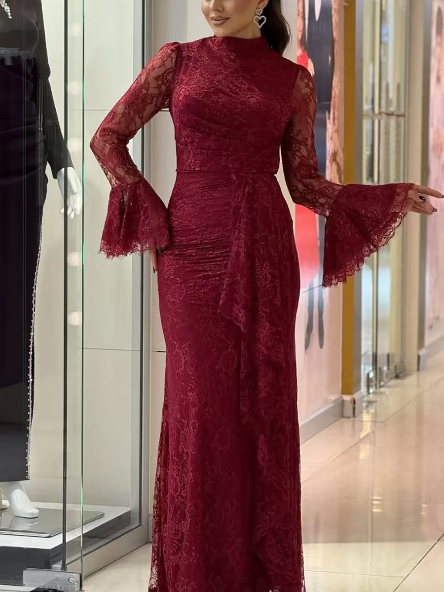 Lace Ruffle Flared Sleeve Maxi Dress