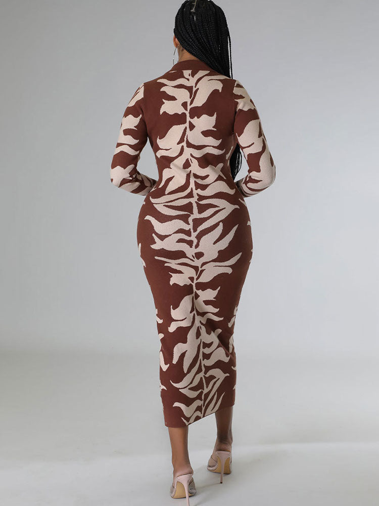 Long Sleeves Lapel Button Midi Dress