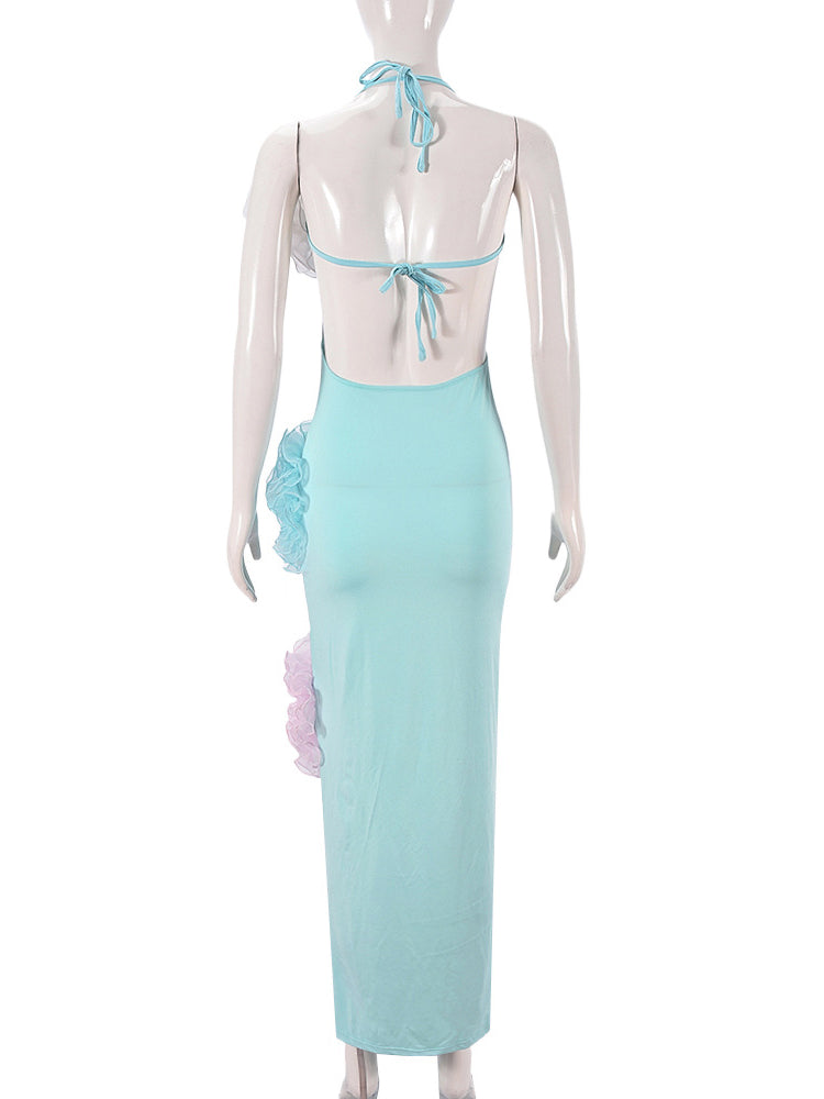 3D Floral Embellished Backless Halter Dress