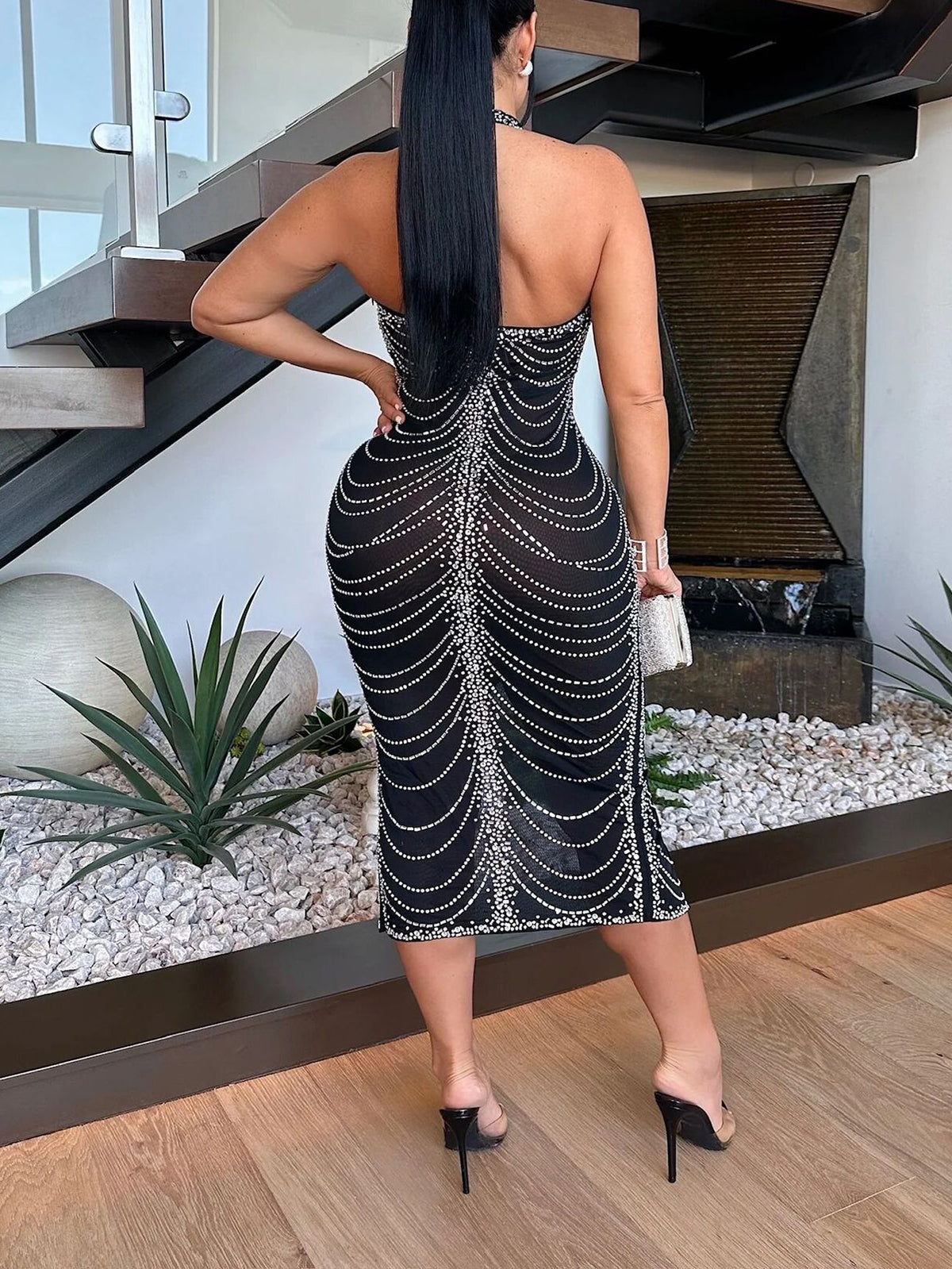 Rhinestone Halter Neck Mesh Dress