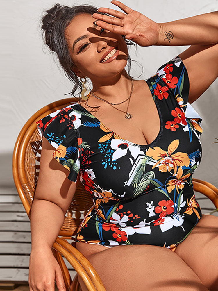 Plus Size Sleeveless Ruffle Floral Print Swimsuit