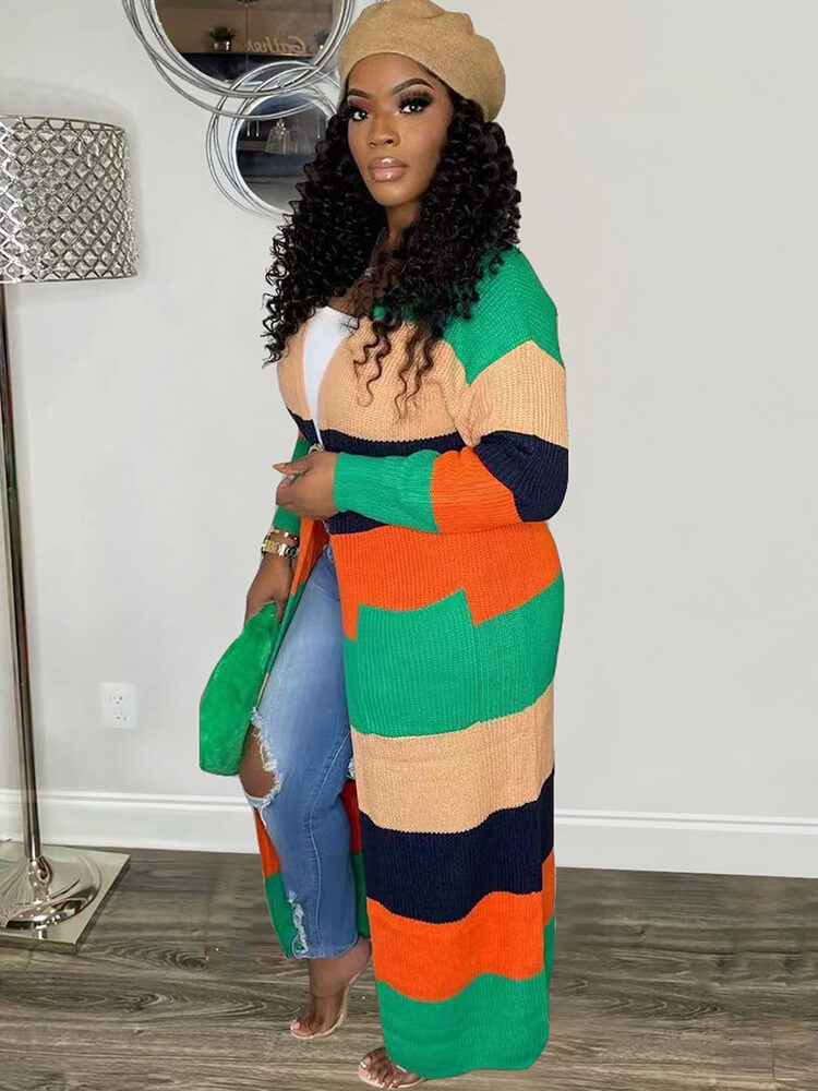 Knit Long Sleeve Color Block Bodycon Cardigan