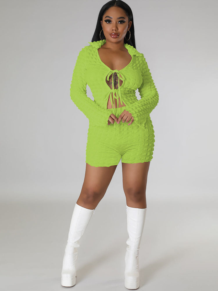 Two Piece Bubble Tie Up Crop Top Shorts