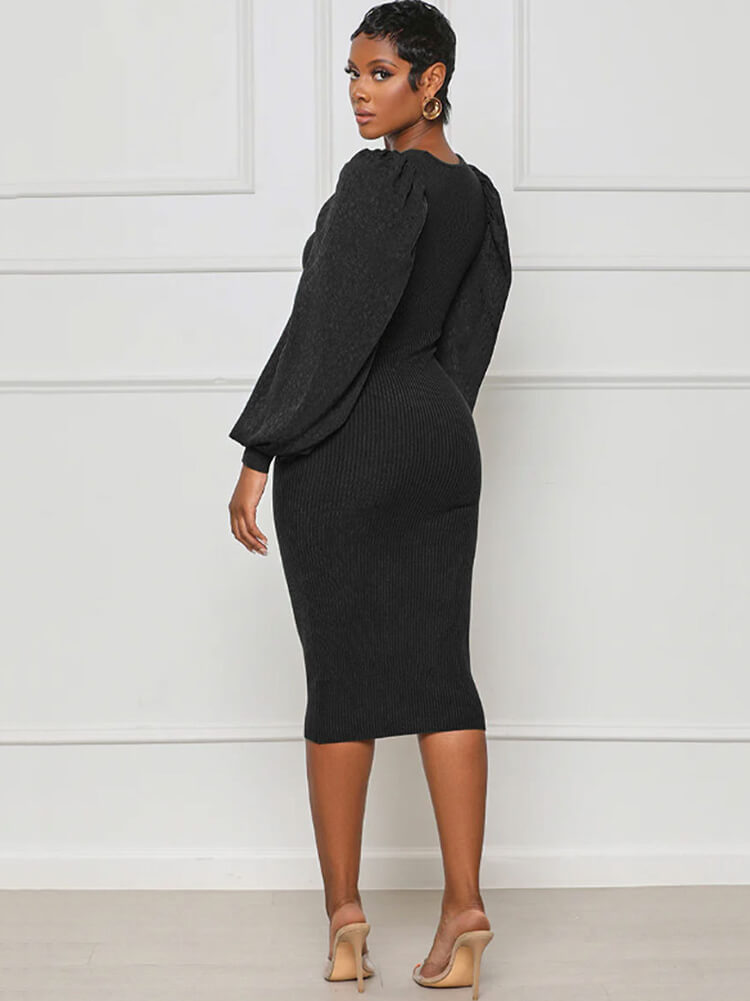 Ribbed Lantern Sleeve Patchwork Bodycon Midi Dress