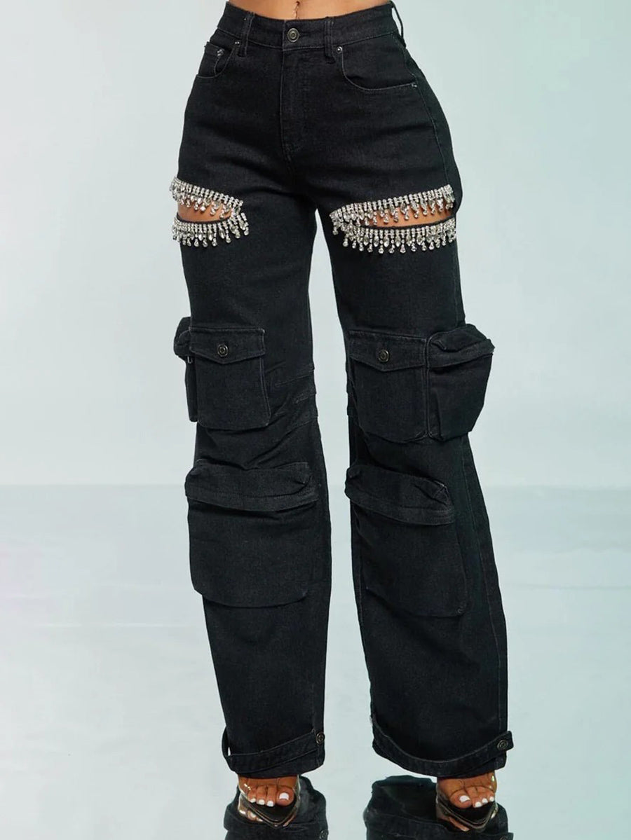 Hollow Rhinestone Multiple Pockets Denim Jeans