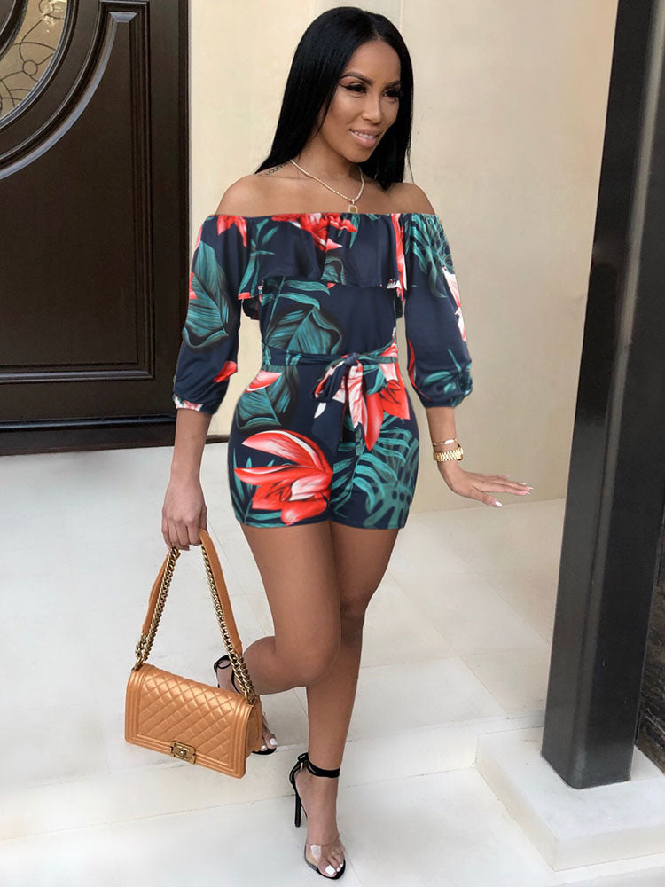 Off Shoulder Floral Print Belted Romper