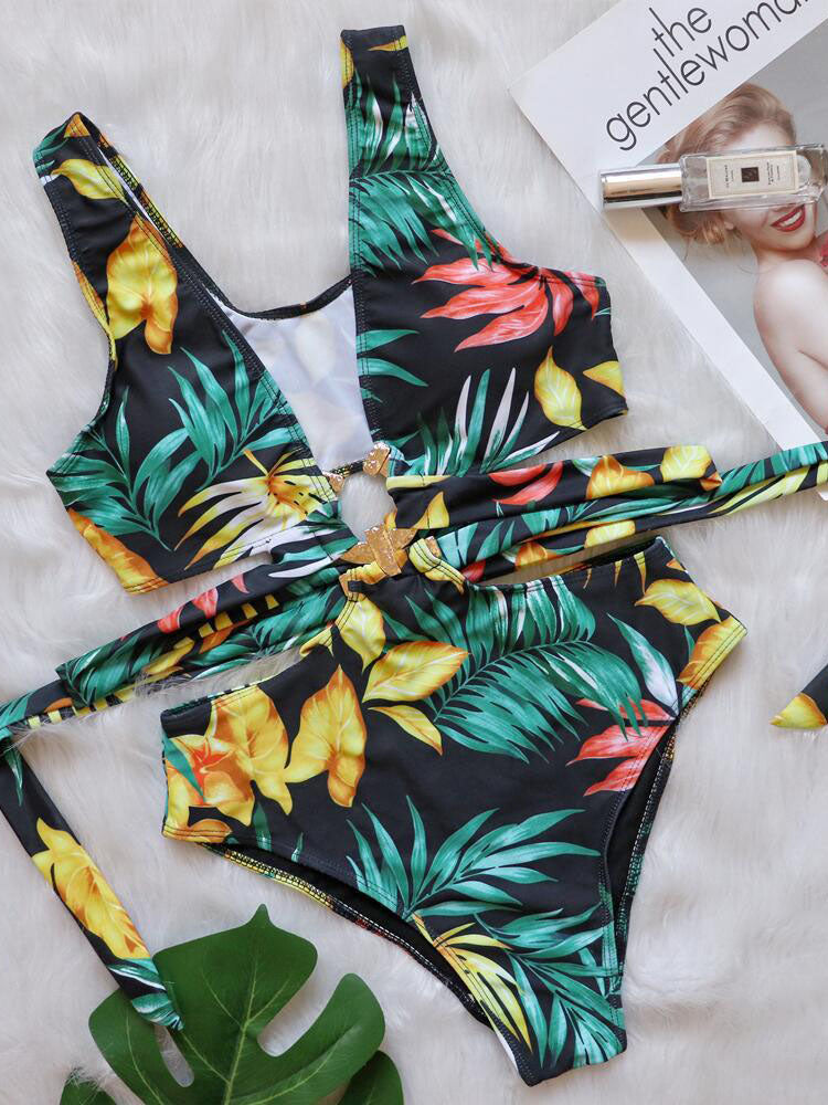 Sleeveless Backless Leaf Print Swimsuit