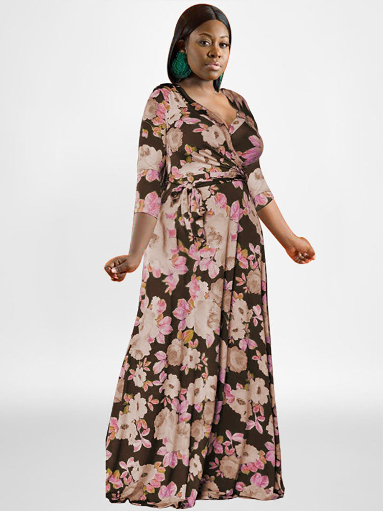 Plus Size Long Sleeves Floral Print Maxi Dress