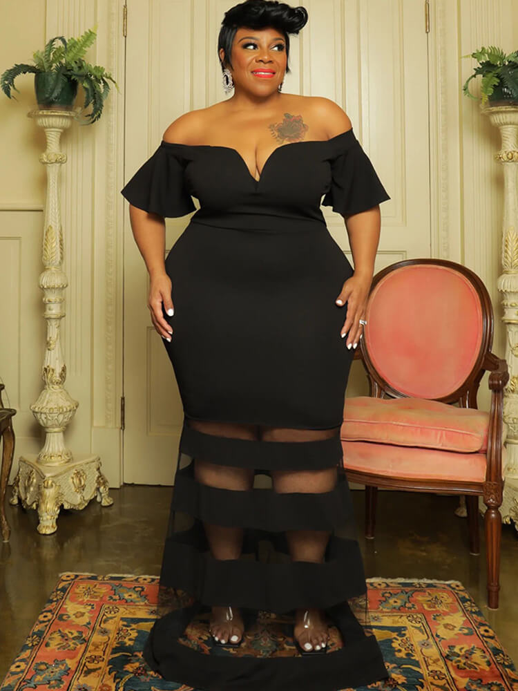 Off Shoulder Mesh Patchwork Bodycon Maxi Dress