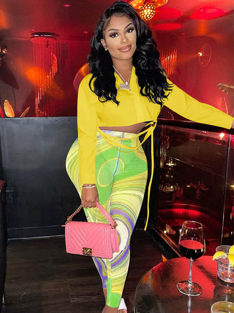 Solid Color Crop Top Floral Print Pants