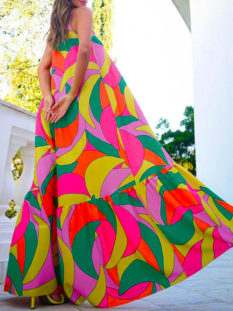 V Neck Backless Spaghetti Strap Printed Maxi Dress