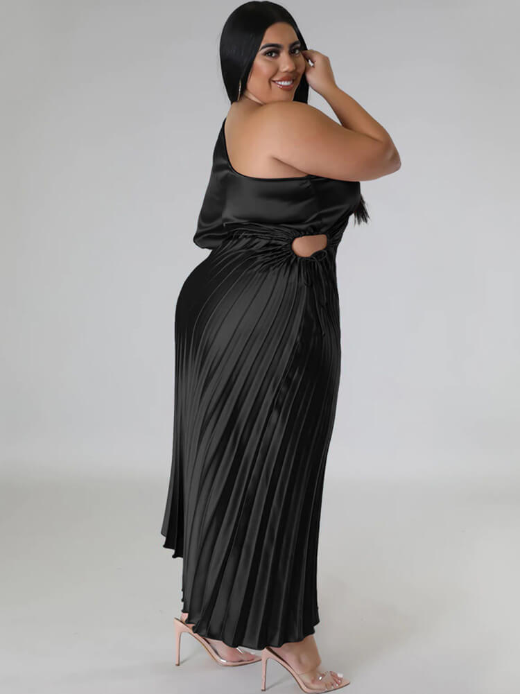 One Shoulder Lace Up Ruched Maxi Dress