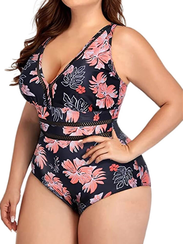Plus Size One Piece Floral Hollow Out Swimsuit