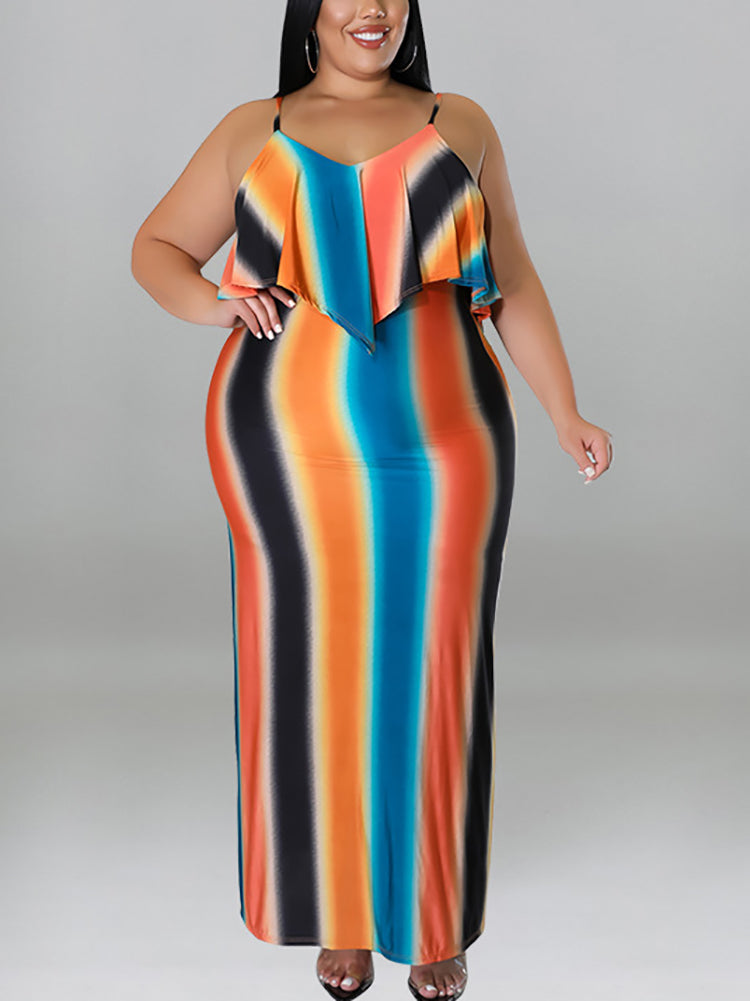 Plus Size Ruffle Strap Rainbow Stripe Print Dress