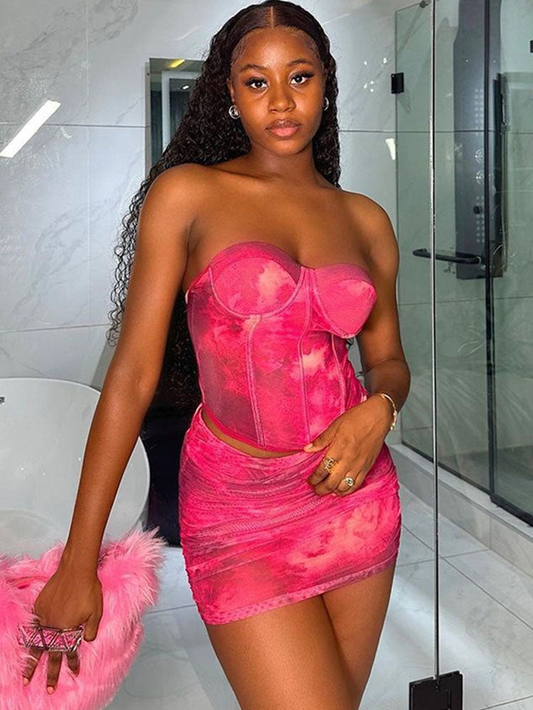 Bustier Crop Top Printed Mini Skirt Set