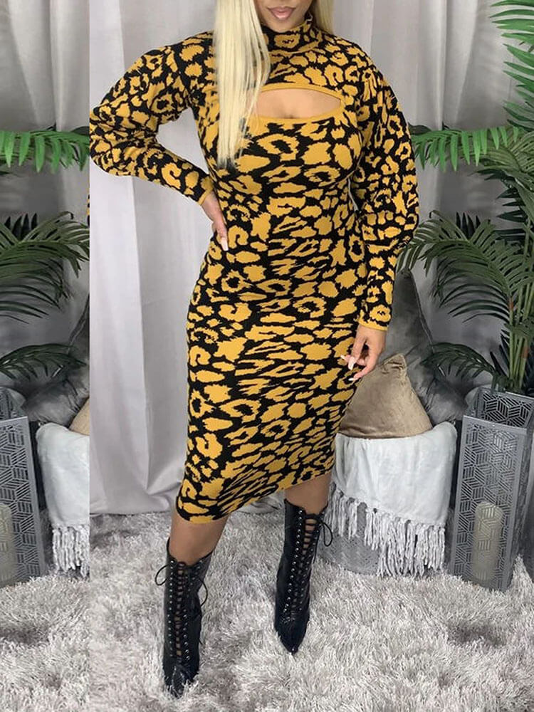 Long Sleeves Leopard Primt Midi Dress