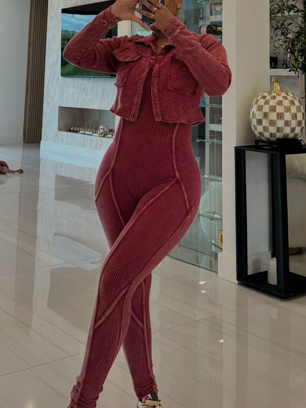 Two Pieces Crop Jacket Jumpsuit Set