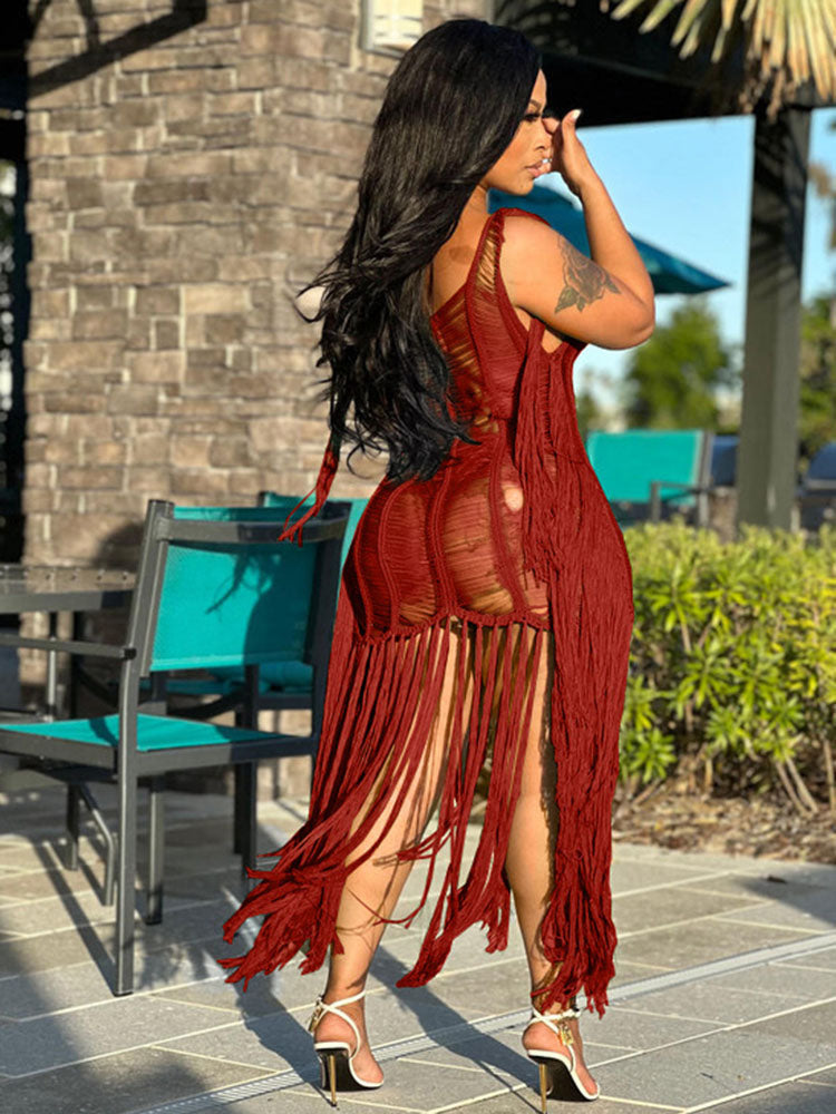 Tassel Hollow Out Fringed Beach Maxi Dress