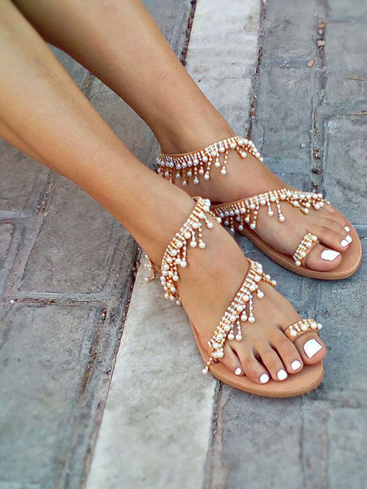 Pearl Pachwork Open Toe Beachwear Flat Sandal
