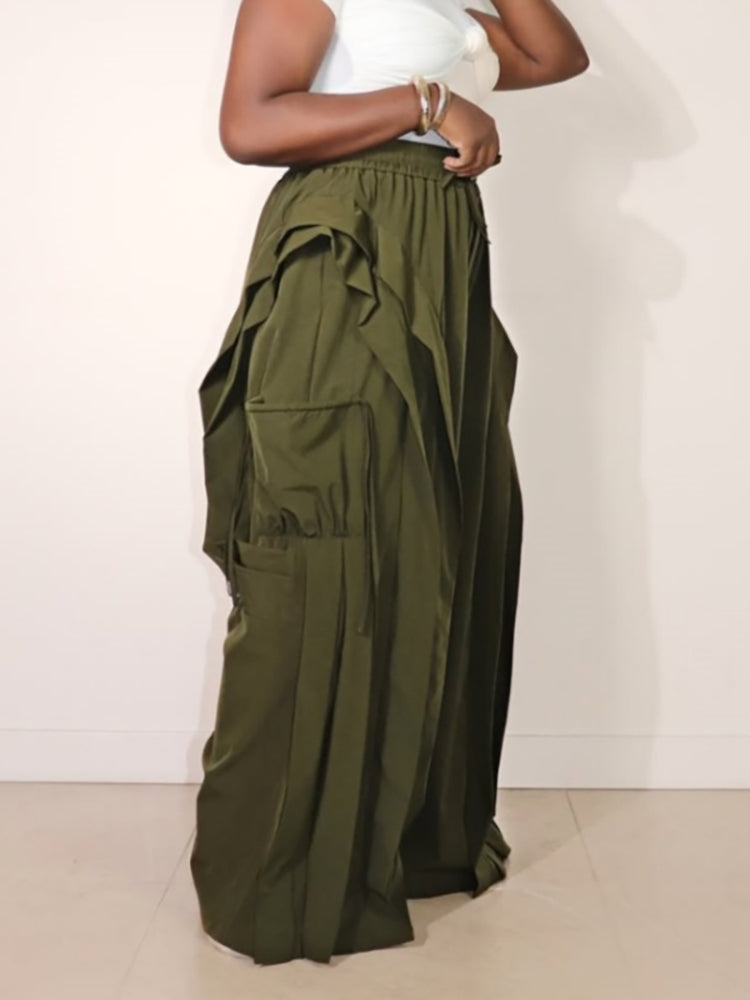 Ruffle Trim Drawstring Wide Leg Pants