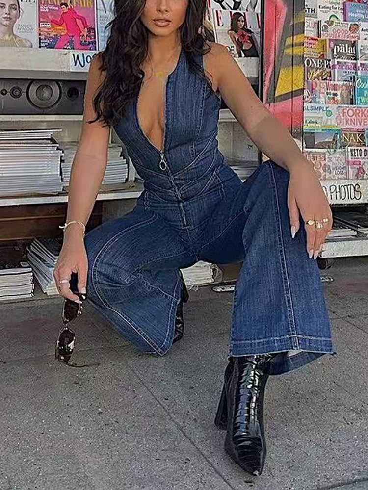 Sleeveless Zip Heart Cutout Denim Jumpsuit